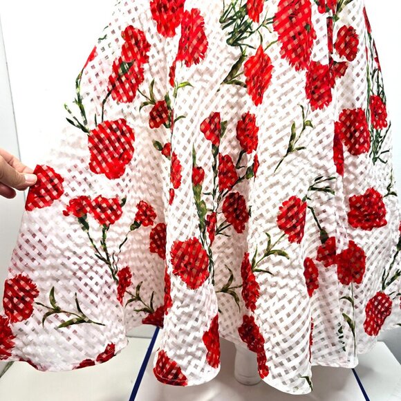 Betsey Johnson Red White A Line Fit Flare Floral Textured Midi Dress - Picture 2 of 7
